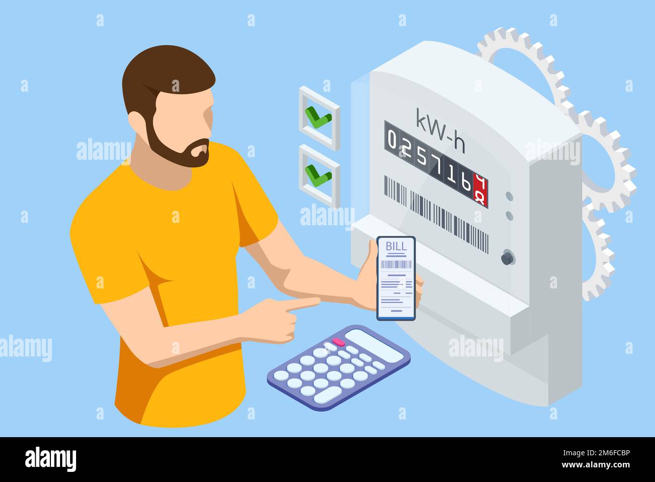 Isometric invoice and electricity meter. Utility bills payment