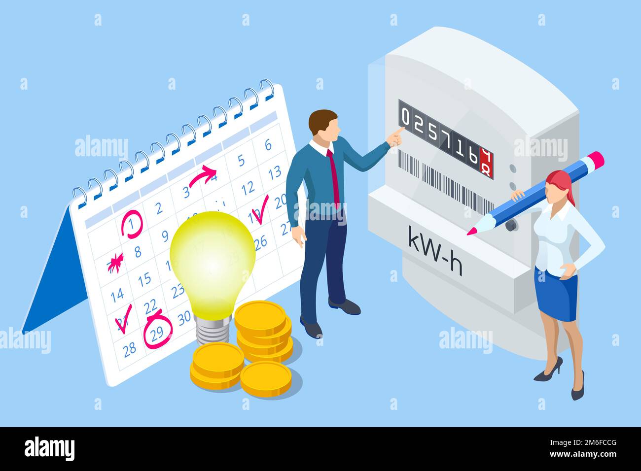 Isometric invoice and electricity meter. Utility bills payment