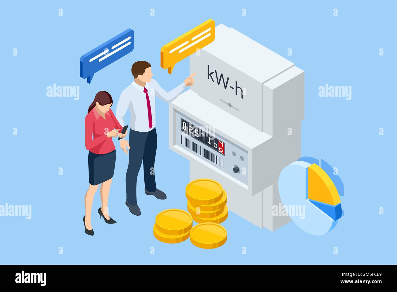 Isometric invoice and electricity meter. Utility bills payment