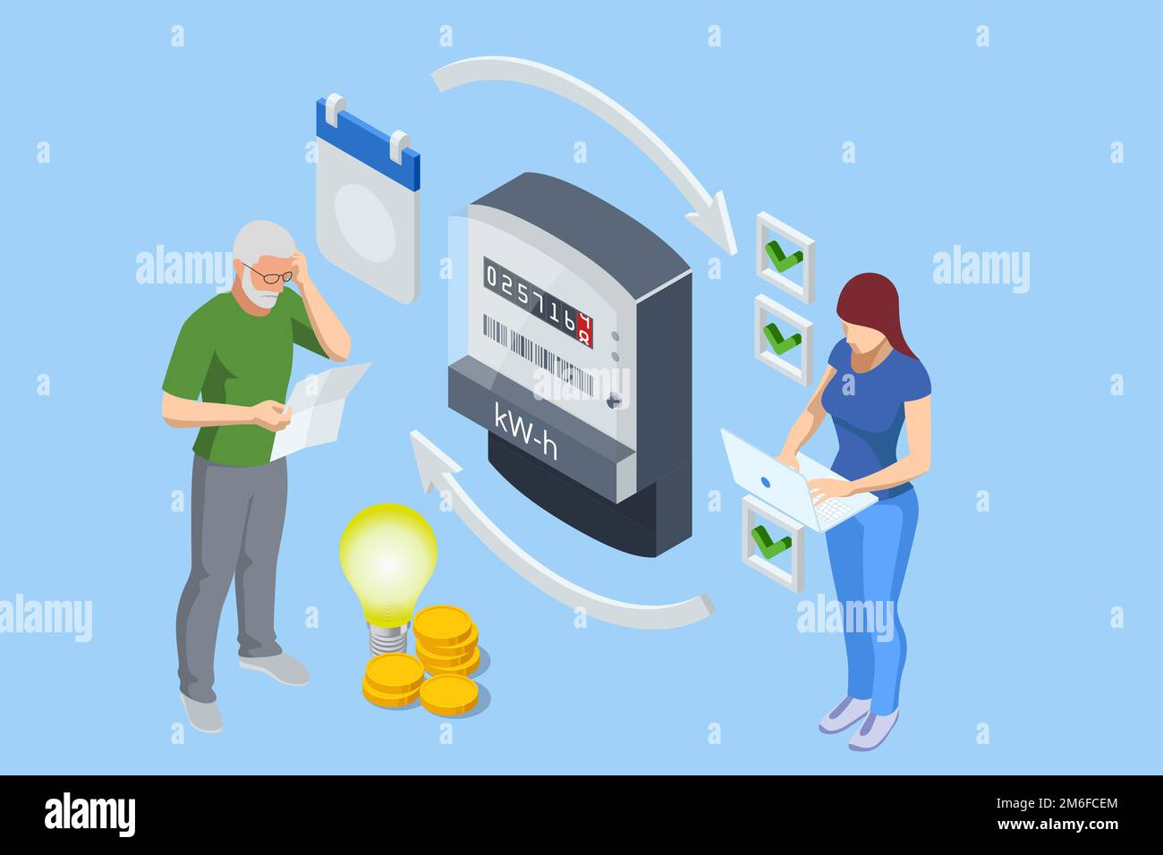 Isometric invoice and electricity meter. Utility bills payment