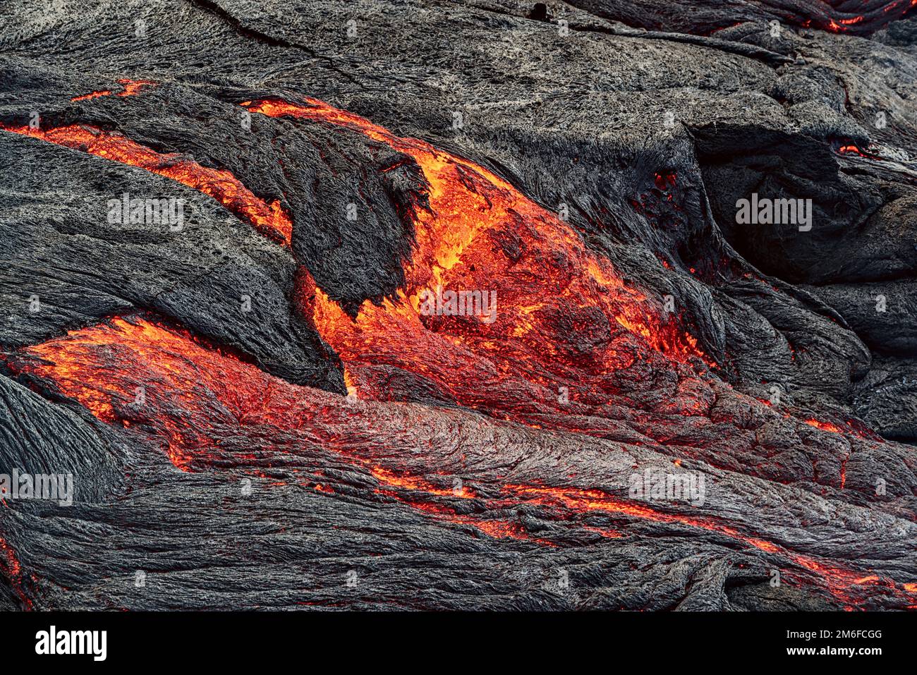 Closeup of magma in Fagradalsfjall volcanic eruption, Iceland Stock Photo