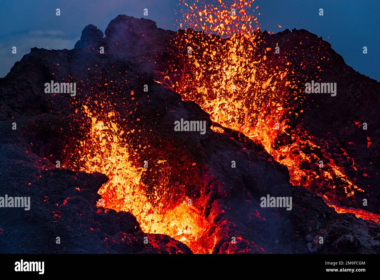 Closeup of Fagradalsfjall volcanic eruption at night, Iceland Stock Photo