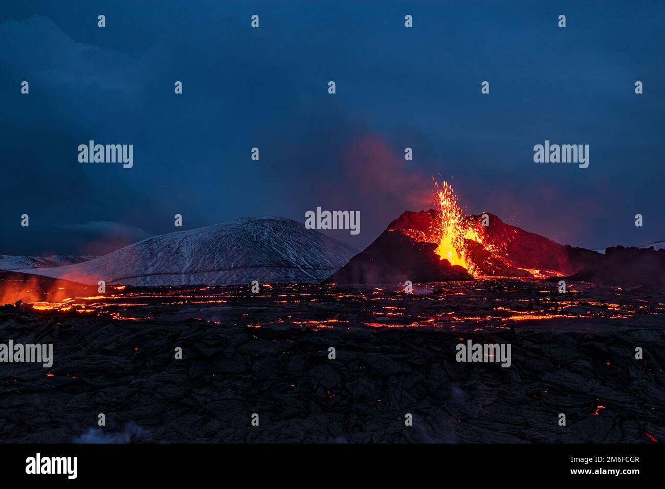 Fagradalsfjall volcanic eruption at night, Iceland Stock Photo