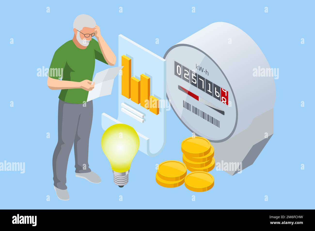 Isometric invoice and electricity meter. Utility bills payment