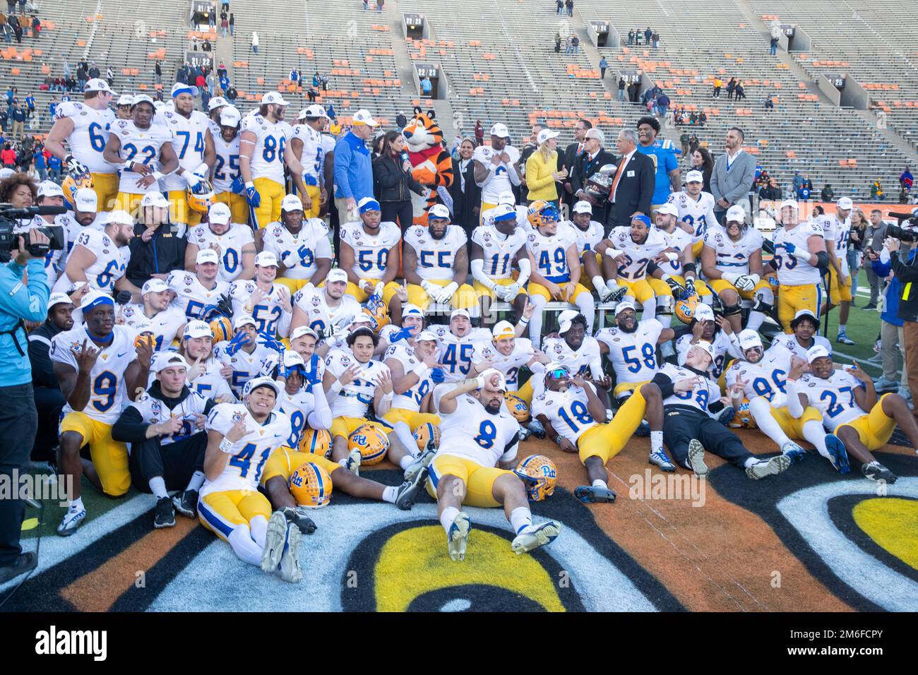 Pittsburgh Panthers celebrate the victory at the trophy ceremony after the 2022 Tony the Tiger Sun Bowl between the UCLA Bruins vs the Pitt Panthers i Stock Photo