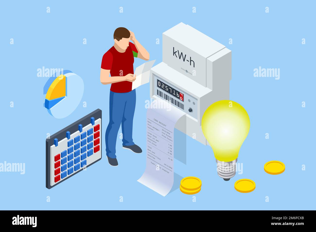 Isometric invoice and electricity meter. Utility bills payment