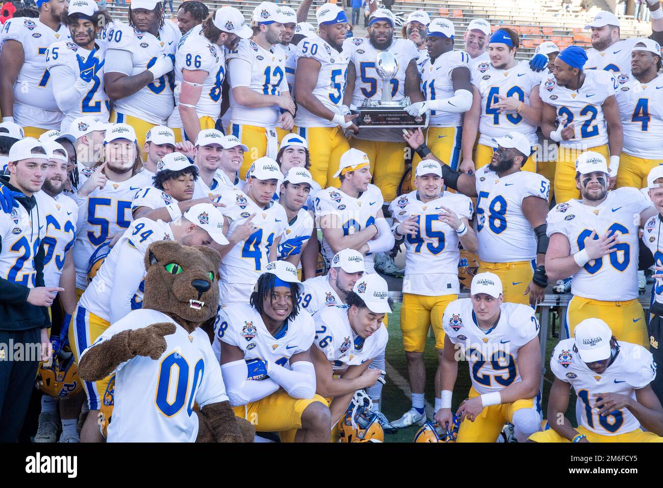 Pittsburgh Panthers celebrate the victory at the trophy ceremony after the 2022 Tony the Tiger Sun Bowl between the UCLA Bruins vs the Pitt Panthers i Stock Photo