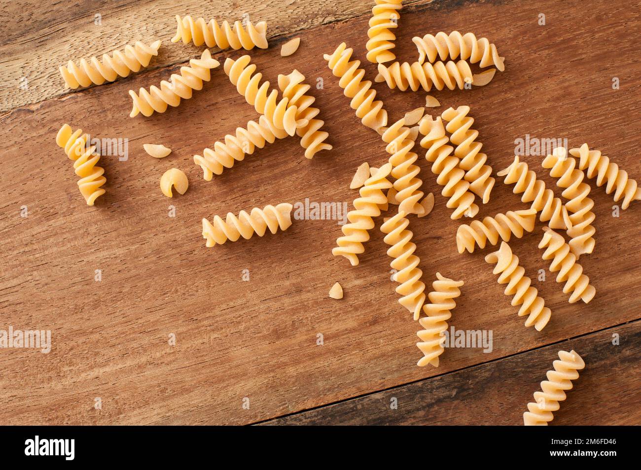 High-angle close-up view of raw fusilli pasta Stock Photo