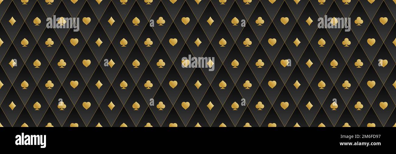 Seamless gold pattern on a black background with card suits. Background for gambling, casino advertising Stock Vector