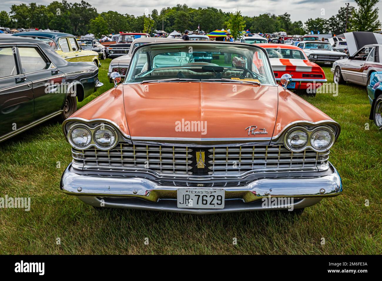 Iola, WI - July 07, 2022: High perspective front view of a 1959 Plymouth Sport Fury 2 Door Hardtop at a local car show. Stock Photo