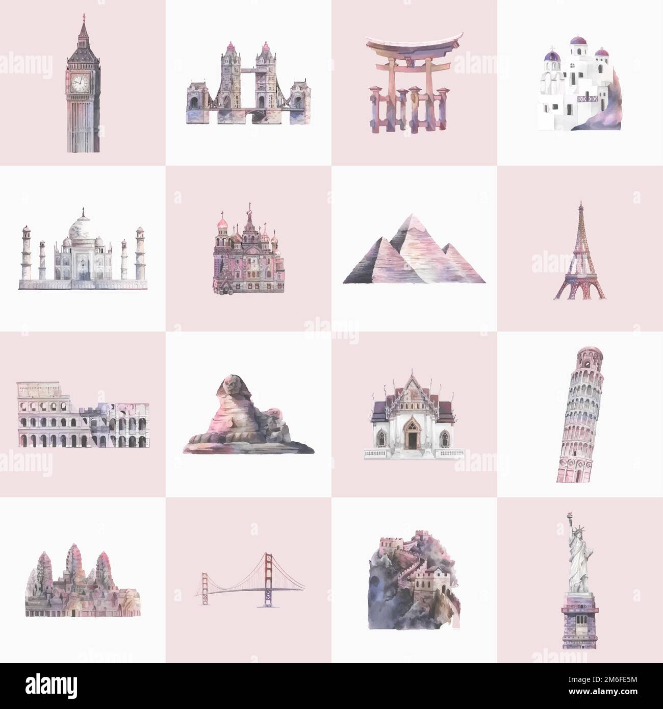 Collection of architectural landmarks painted by watercolor Stock Vector