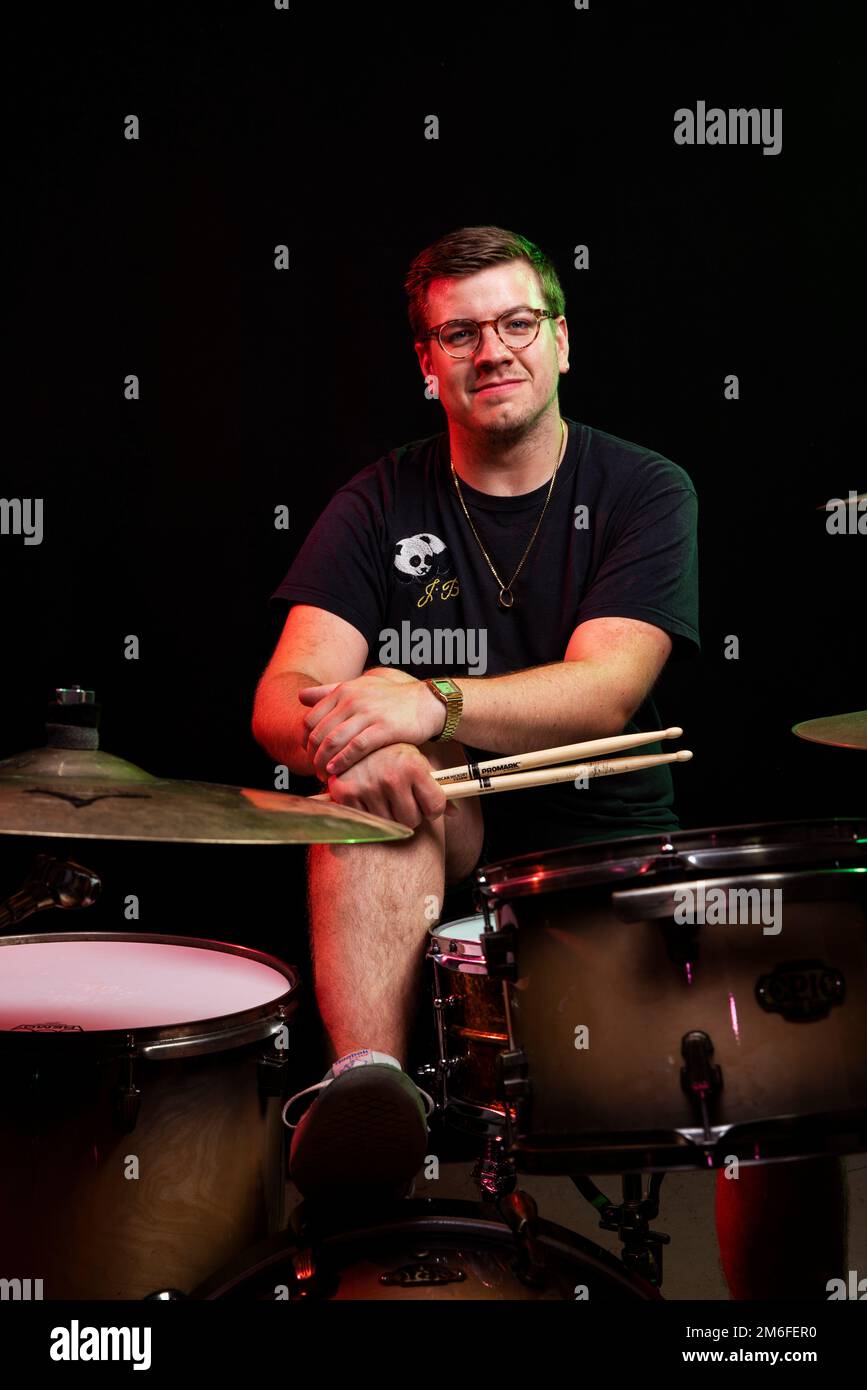 Idles drummer Jon Beavis photographed at Factory Studios, Bristol Stock ...
