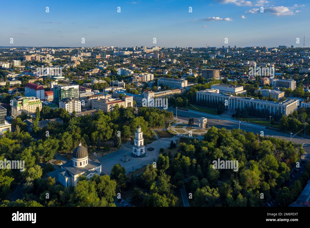 Aerial view of Cathedral Park and Government House in the center of Chisinau, capital of Moldova, at sunset Stock Photo