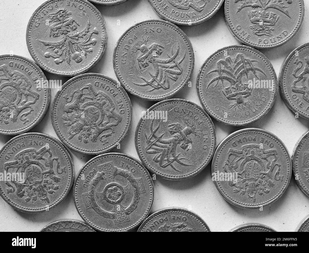 One Pound coins, United Kingdom in black and white Stock Photo