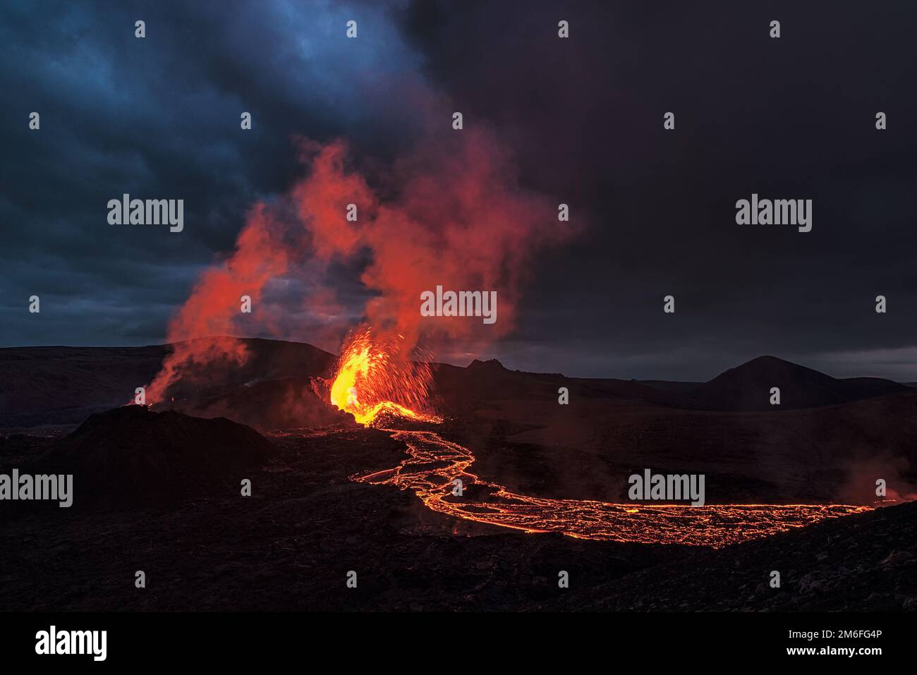 Fagradalsfjall volcanic eruption in the night, Iceland Stock Photo