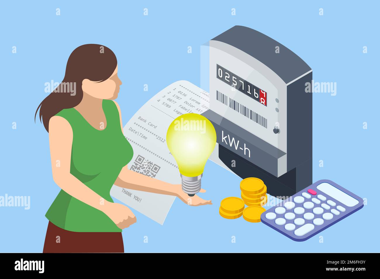 Isometric invoice and electricity meter. Utility bills payment