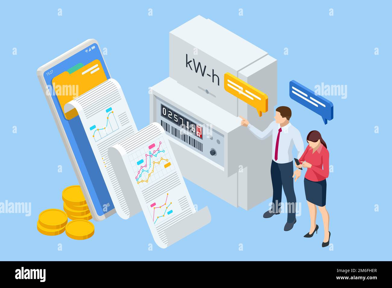 Isometric invoice and electricity meter. Utility bills payment