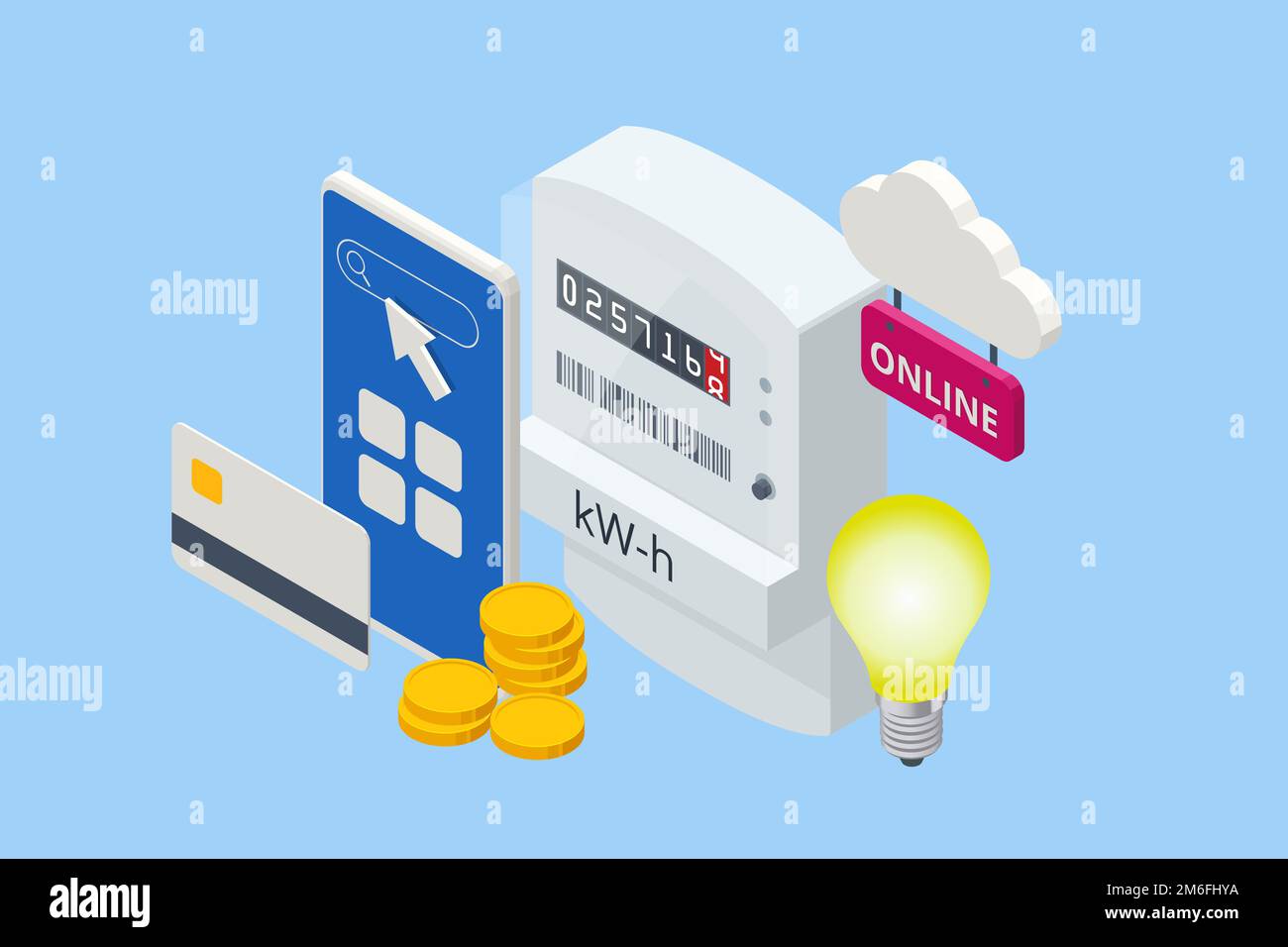 Isometric invoice and electricity meter. Utility bills payment