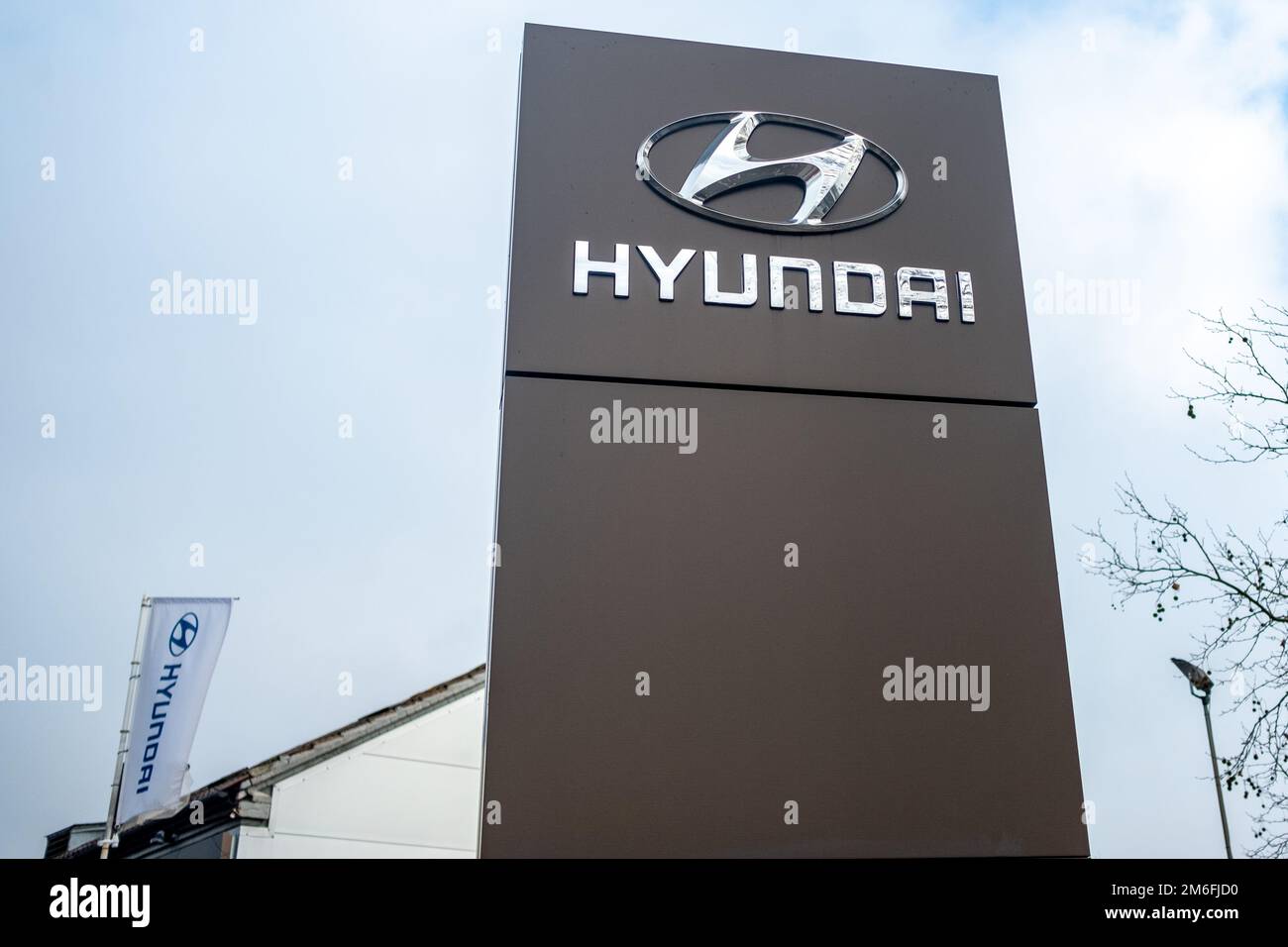 London- December 2022: Hyundai South Korean car manufacturer signage at dealer in south west London. Stock Photo
