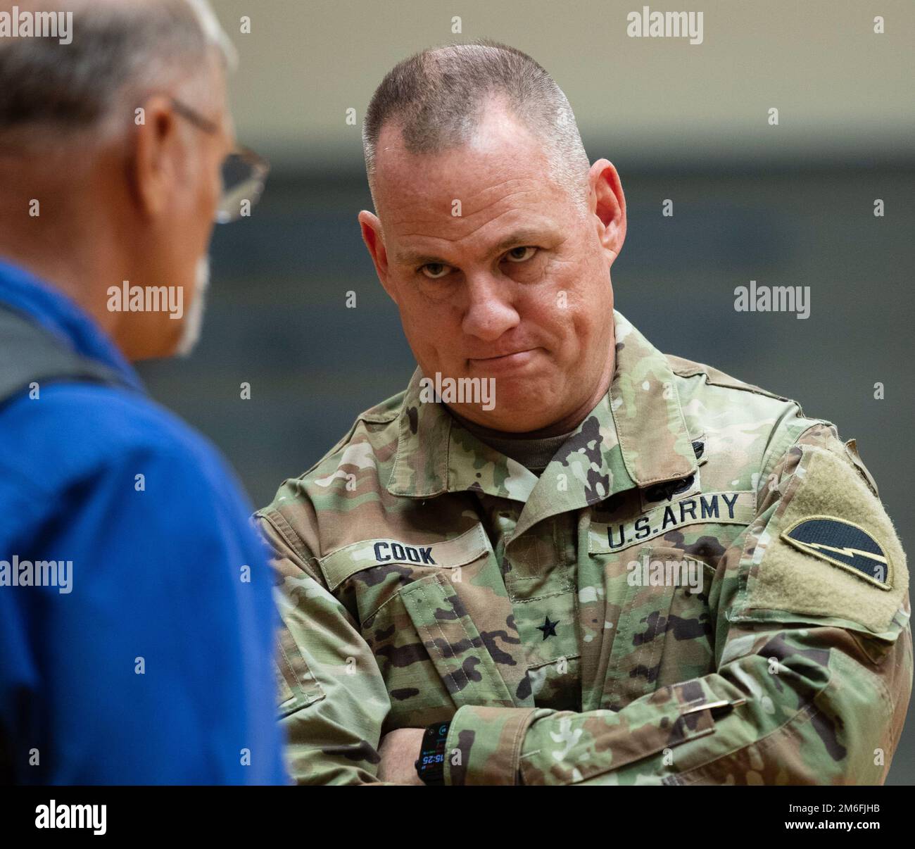 Army Reserve Brig. Gen. Christopher W. Cook listens intently to attendees after the 78th Training Division's Assumption of Command Ceremony at Muscatatuck Urban Training Center, IN on April 27, 2022. Stock Photo