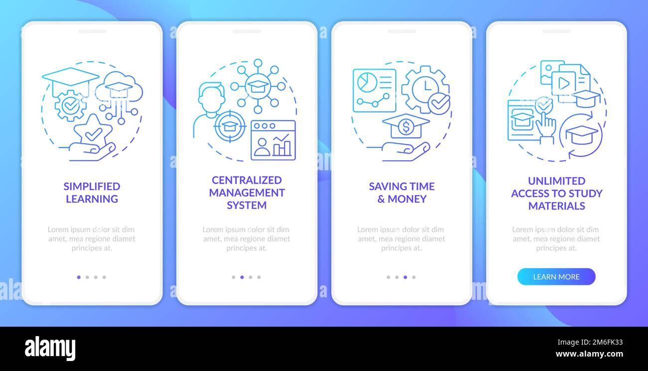 Learning management system benefits blue gradient onboarding mobile app ...