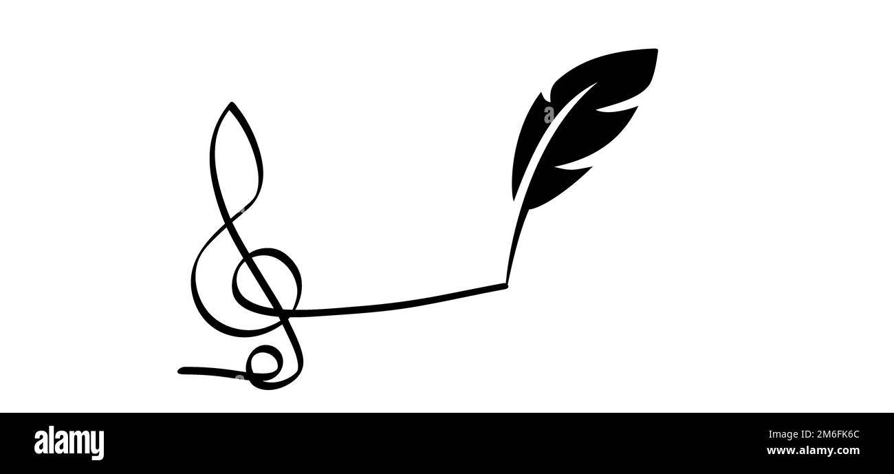 Cartoon drawing signature. feather pen or a fountain pen icon or symbol. Feather with ink. feather quill pen symbol. Line pattern. Musical note line p Stock Photo