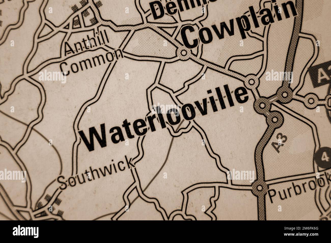 Waterlooville, Hampshire, United Kingdom atlas map town name - sepia Stock Photo