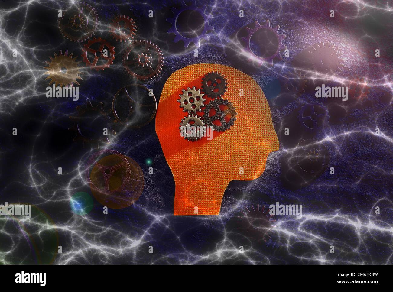 Head figure with brain gears  and electricity background -- science technology or AI concept Stock Photo