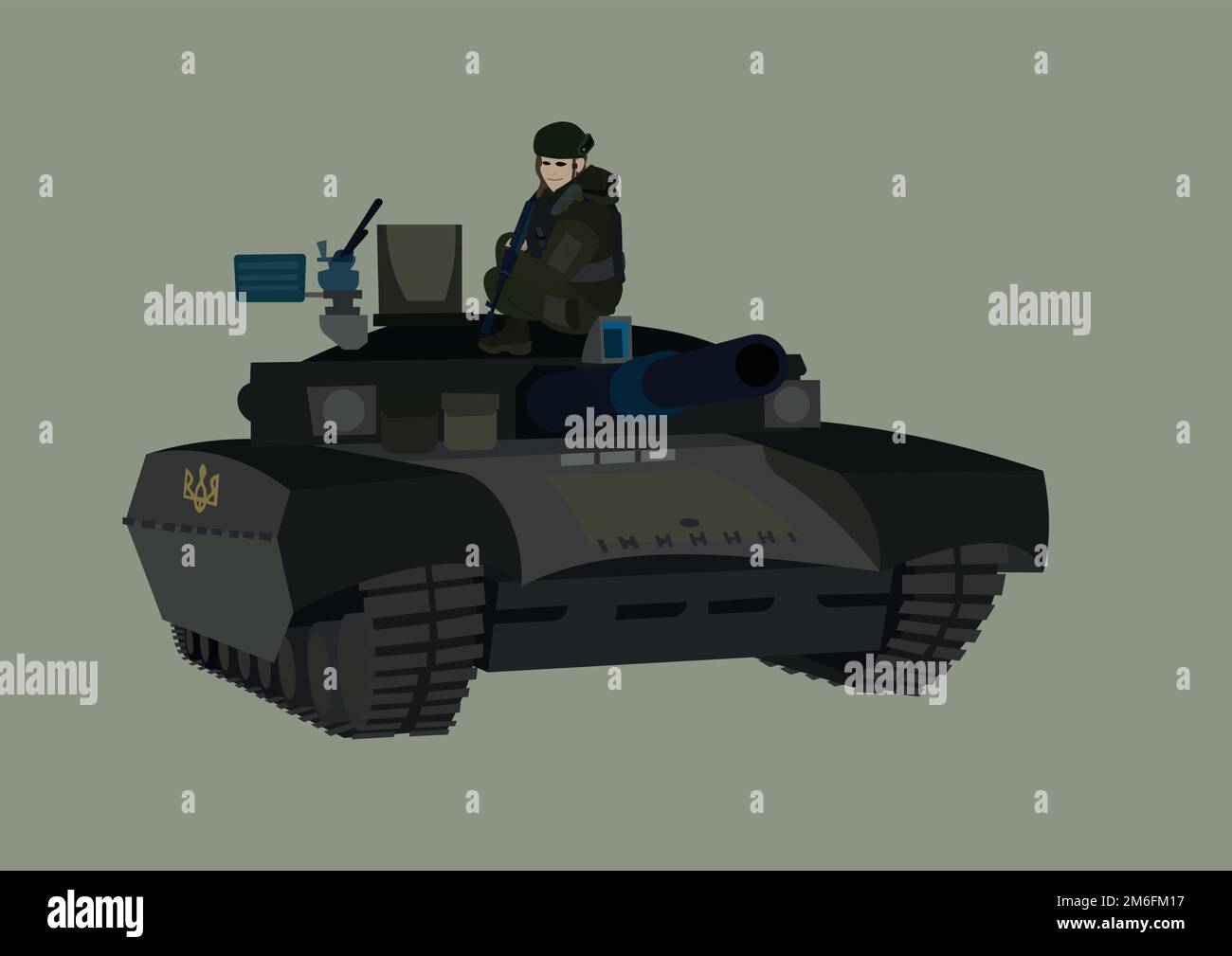 illustration of female defender in Ukrainian military tank isolated on grey,stock image Stock Vector