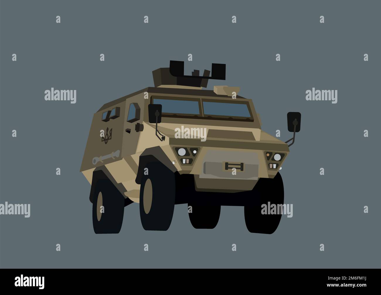 illustration of bastion armored vehicle with Ukrainian trident symbol isolated on grey,stock image Stock Vector
