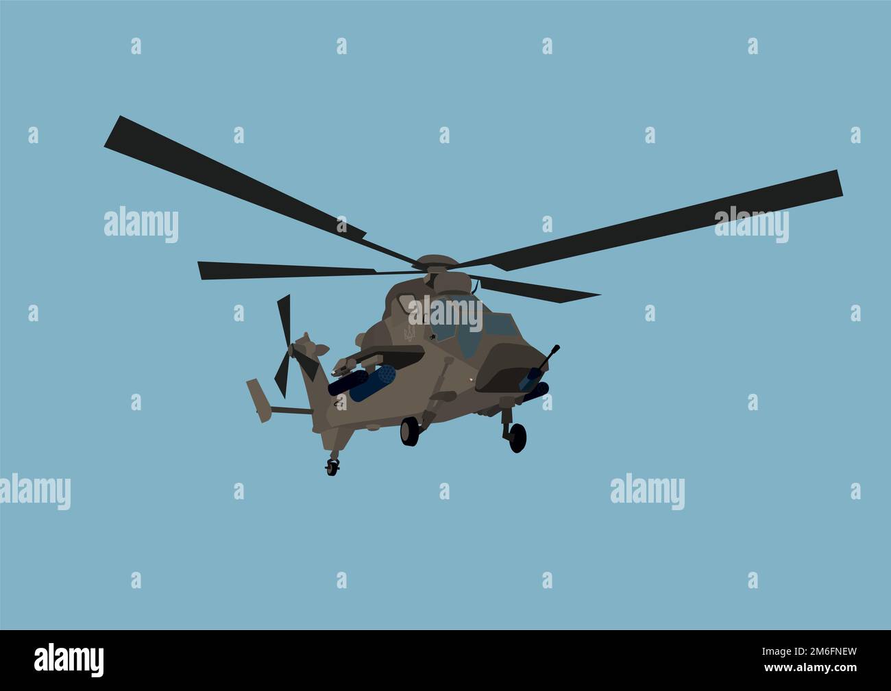illustration of Ukrainian military helicopter in sky isolated on blue,stock image Stock Vector