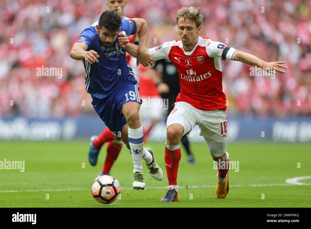 Diego Costa of Chelsea battles with Nacho Monreal of Arsenal - Arsenal v Chelsea, The Emirates FA Cup Final, Wembley Stadium, London - 27th May 2017. Stock Photo