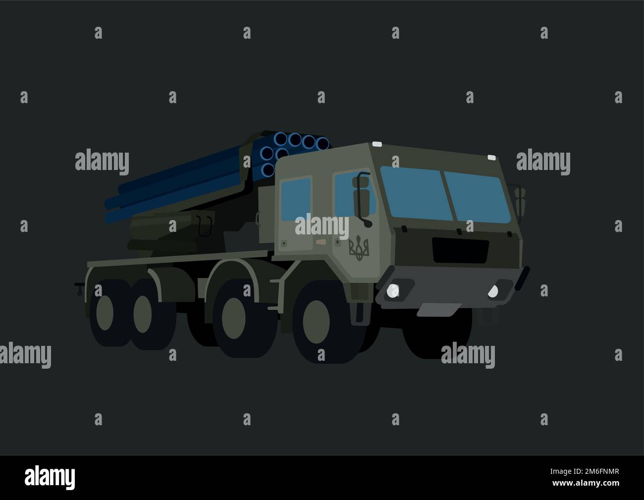 illustration of military hurricane vehicle with Ukrainian trident symbol isolated on grey,stock image Stock Vector