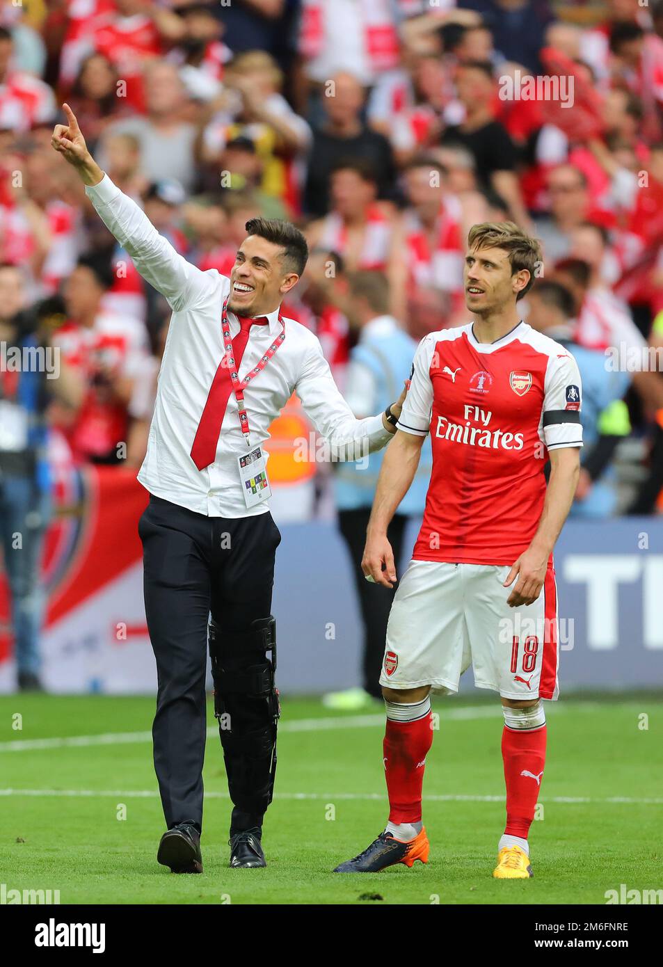 Gabriel Paulista and Nacho Monreal of Arsenal celebrate after winning the FA Cup - Arsenal v Chelsea, The Emirates FA Cup Final, Wembley Stadium, London - 27th May 2017. Stock Photo