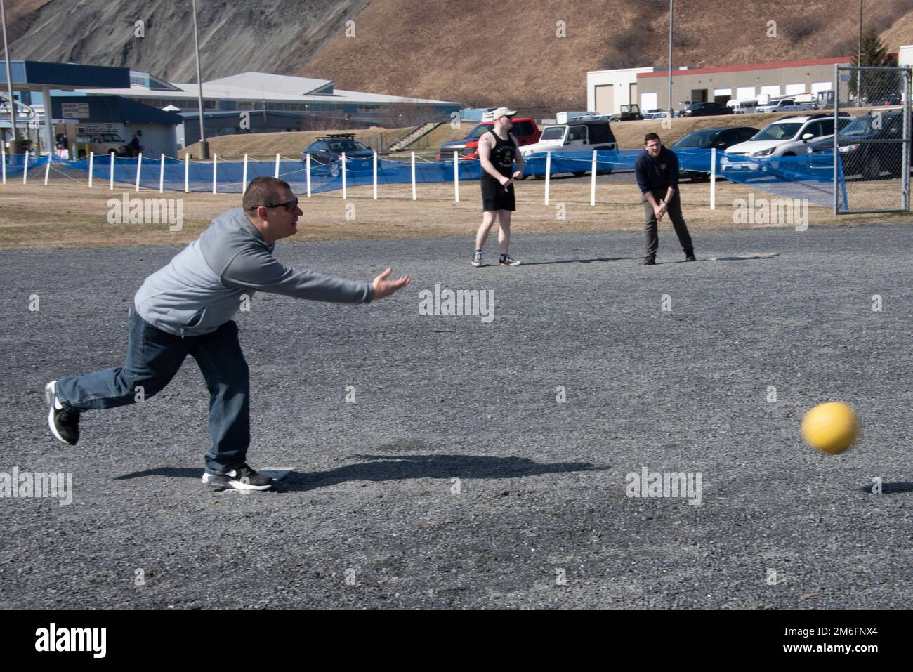 U.S. Coast Guard Base Kodiak personnel play kickball during a morale event hosted by the Base