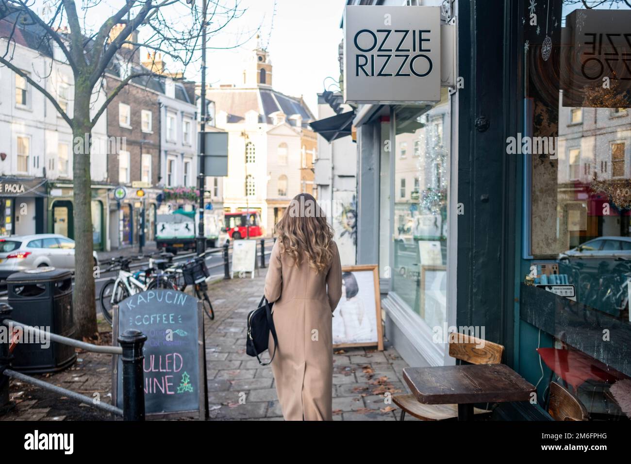 London- December 2022: Richmond upon Thames high street scene- a town of upmarket and independent shops. Stock Photo