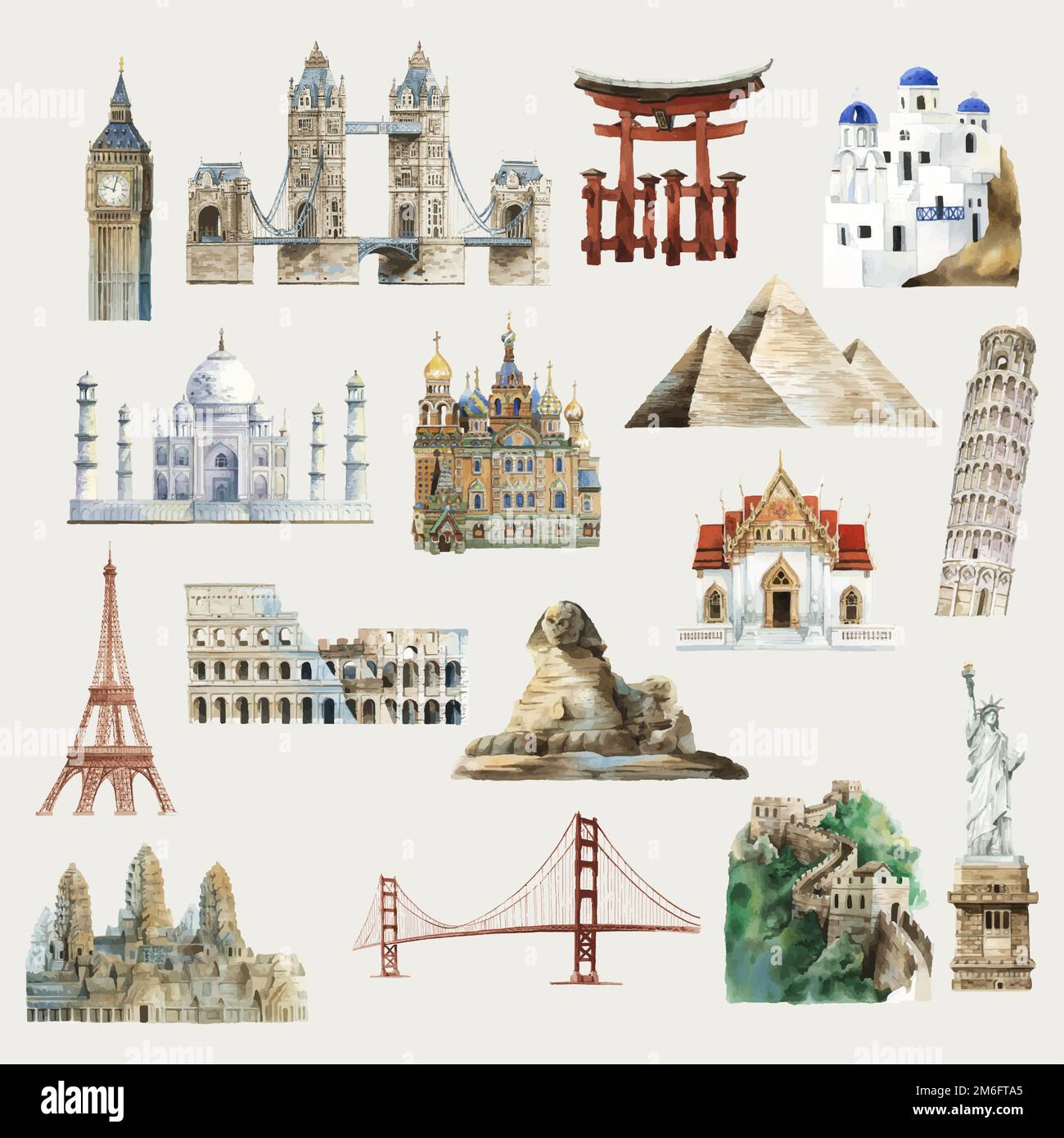 Collection of architectural landmarks around the world watercolor illustration Stock Vector