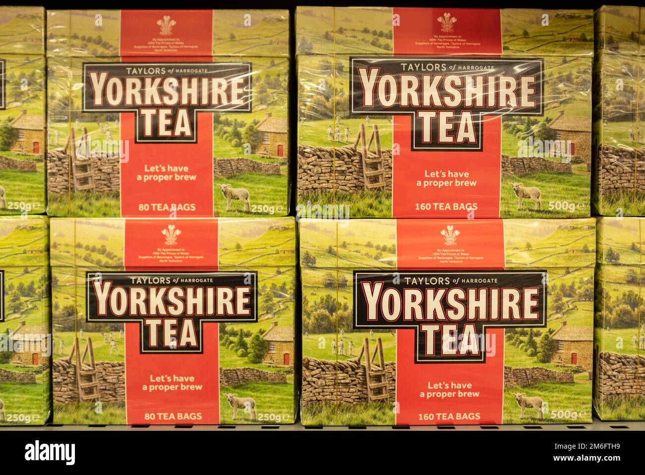 Surrey UK December 2022 Yorkshire Tea packs for sale on supermarket shelf, British tea brand