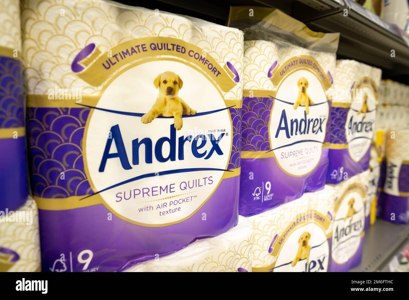 Surrey UK- December 2022: Andrex toilet paper on supermarket shelf Stock Photo