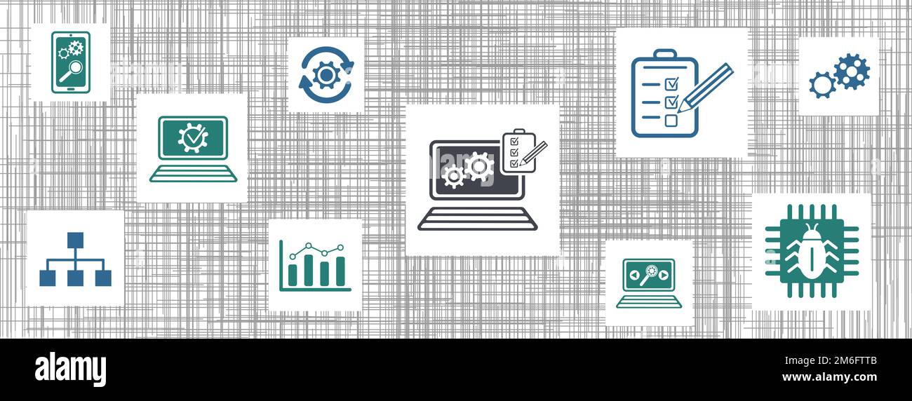 Concept of software testing with icons on squares stock photo alamy