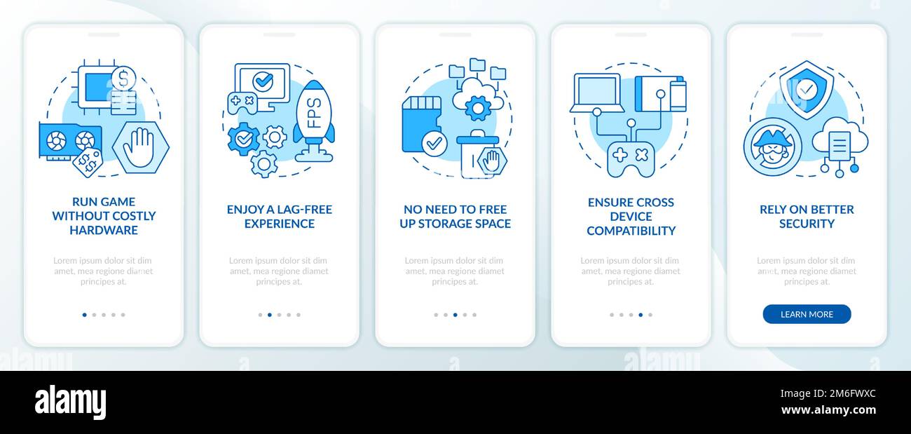 Improvements in cloud gaming blue onboarding mobile app screen Stock Vector