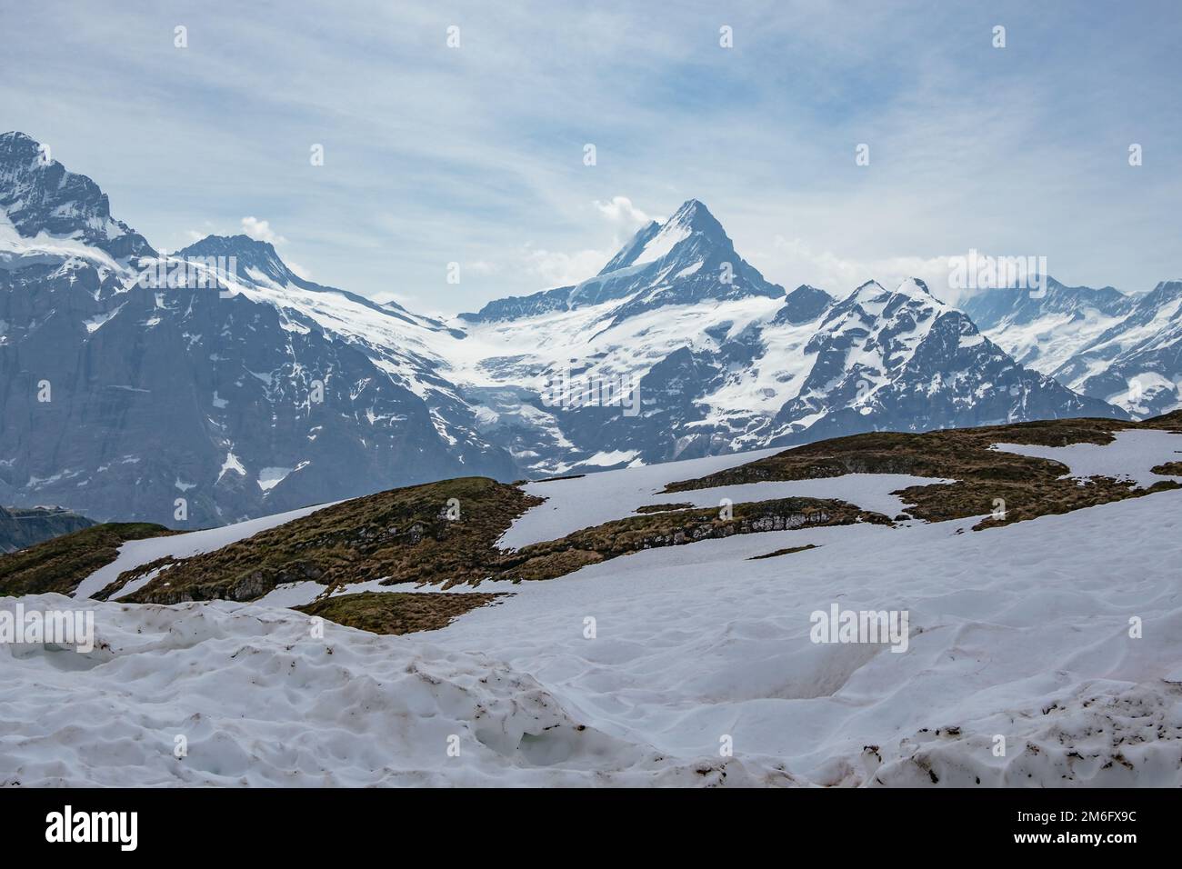 Aerial Panoramic View First Mountain with Snow, Grindelwald, Switzerland Swiss Alps