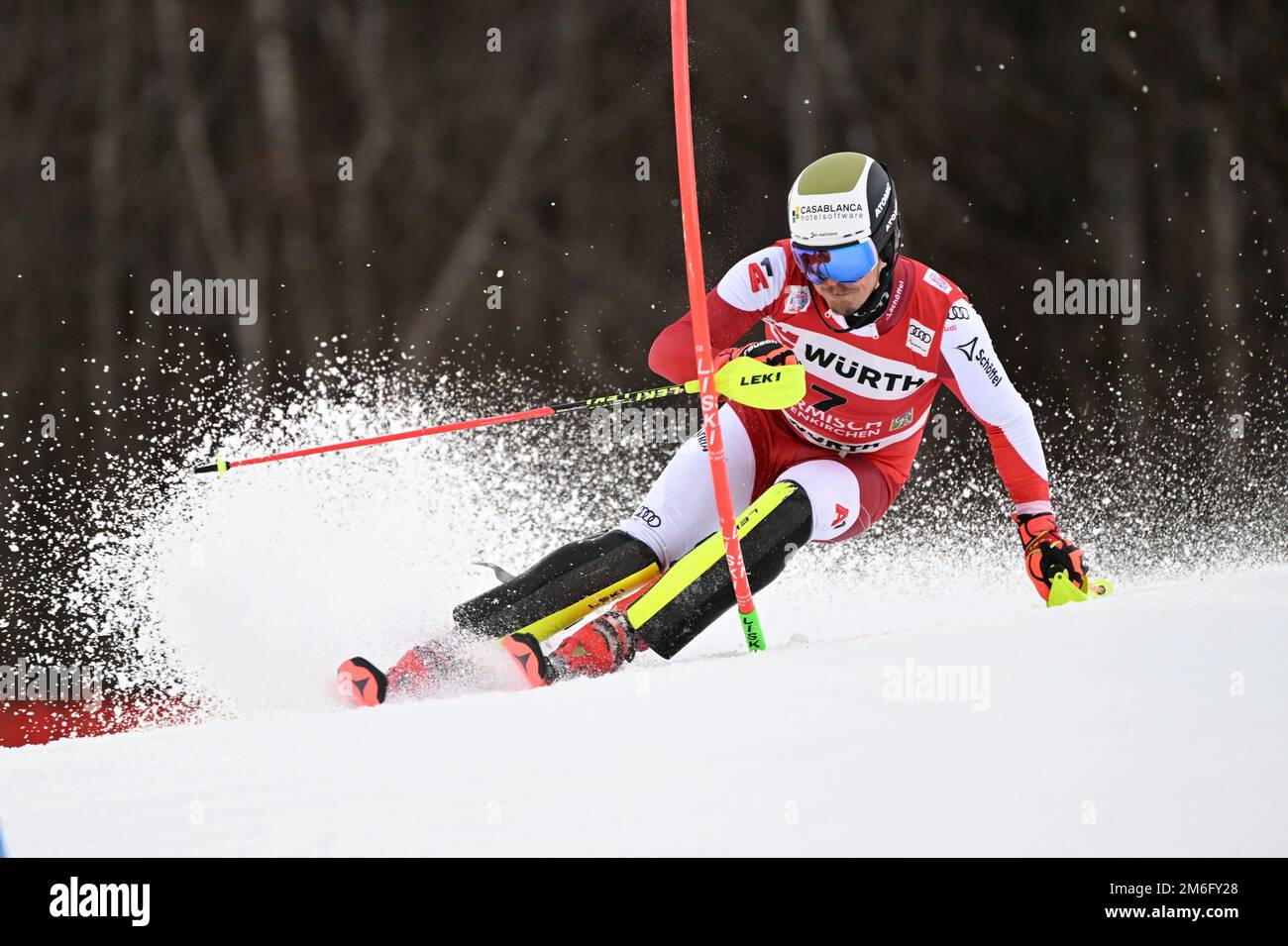 Garmisch Partenkirchen, Germany. 04th Jan, 2023. Alpine skiing: World Cup,  Slalom, men, 1st run. Manuel Feller from Austria in action. Credit:  Angelika Warmuth/dpa/Alamy Live News Stock Photo - Alamy