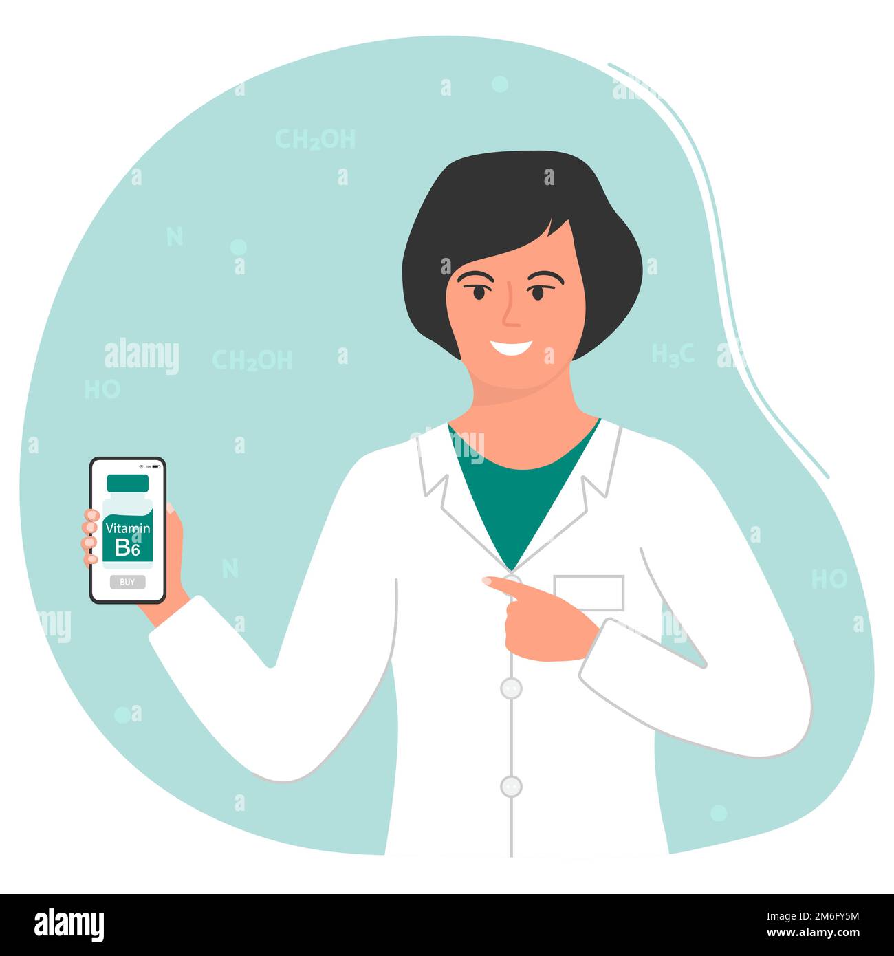 Vector illustration Nutritionist holds cell phone with vitamin B6