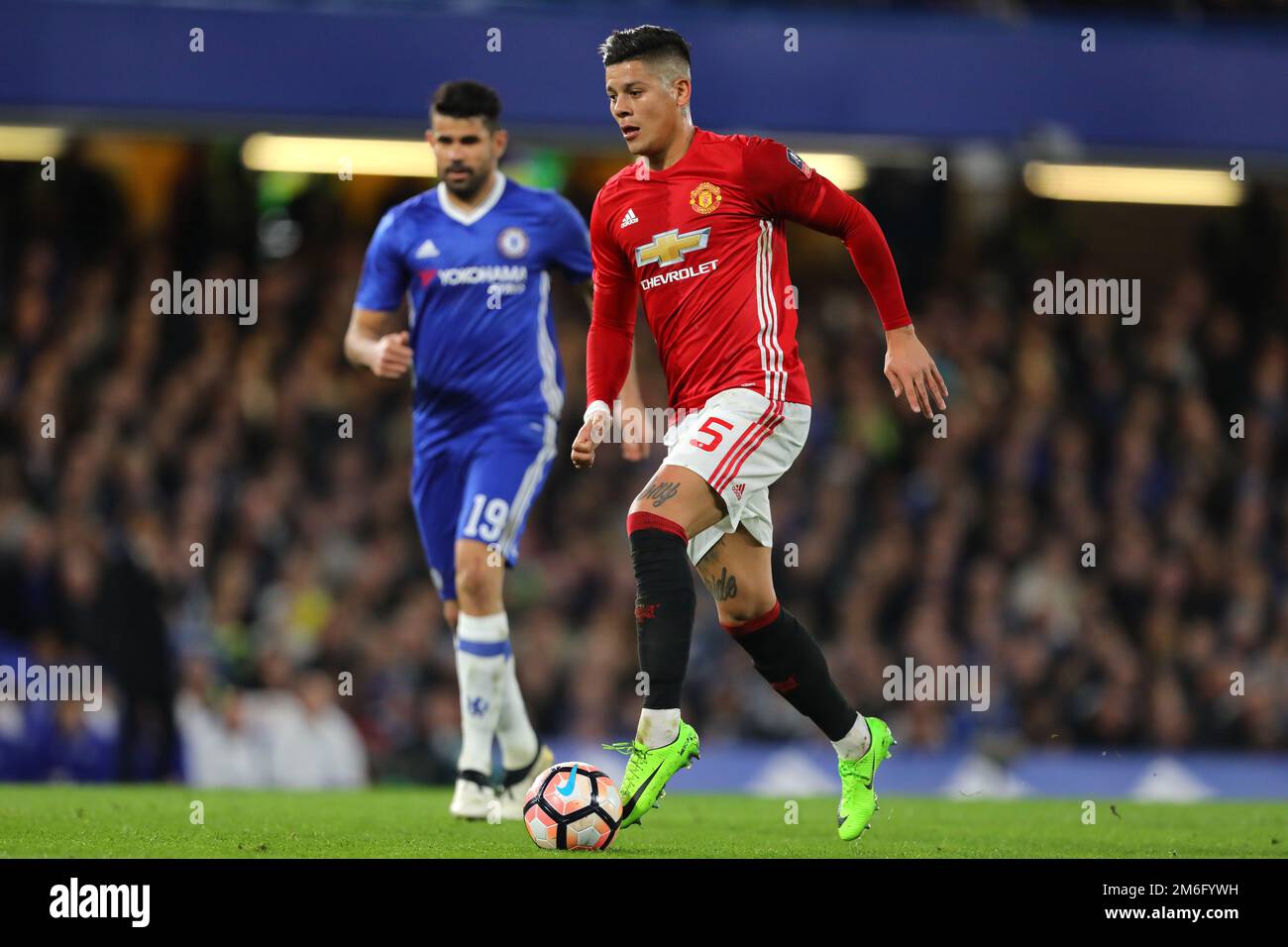 Marcos Rojo of Manchester United comes forward with the ball - Chelsea v Manchester United, FA Cup Quarter-final, Stamford Bridge, London - 13th March 2017. Stock Photo