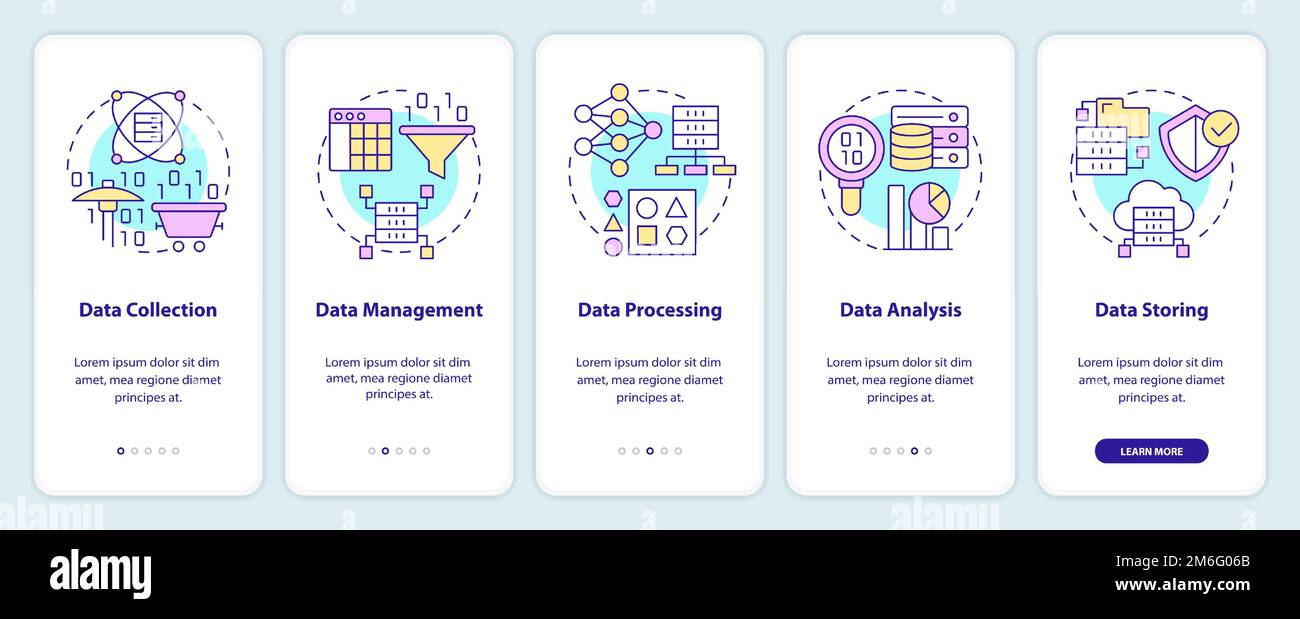 Data processing stages onboarding mobile app screen Stock Vector
