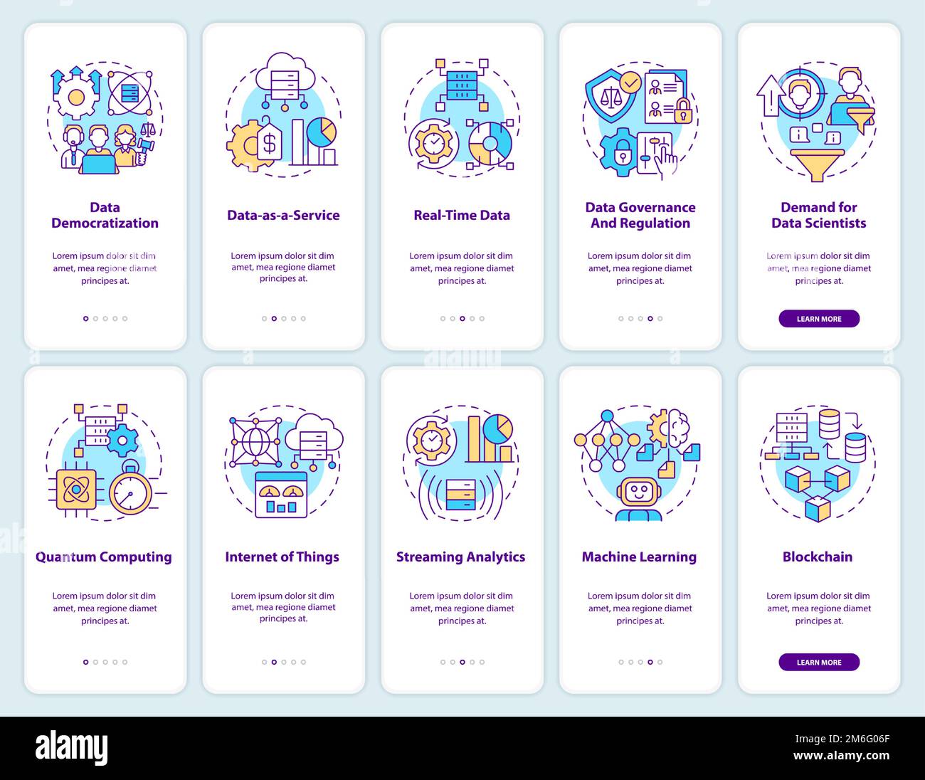 Data science trends and technology onboarding mobile app screens set Stock Vector