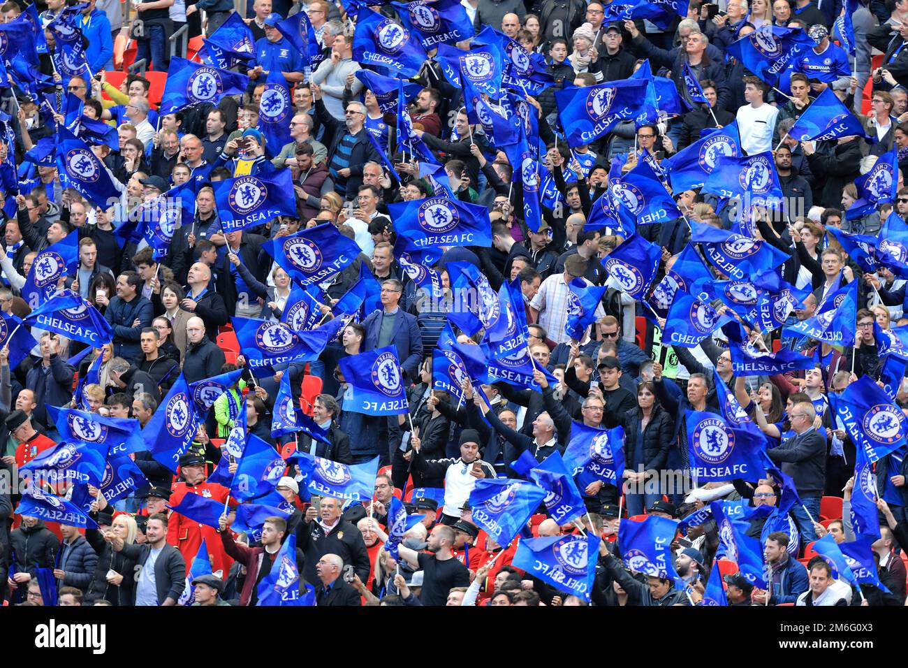 Chelsea fans with flags - Chelsea v Tottenham Hotspur, The Emirates FA Cup Semi Final, Wembley Stadium, London - 22nd April 2017. Stock Photo