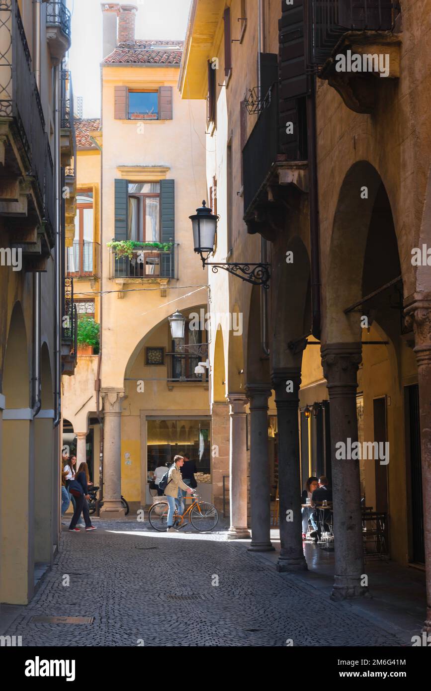 Medieval Italy street, view in summer of a narrow street in the historic old town area in the center of the scenic city of Padua, Veneto, Italy Stock Photo