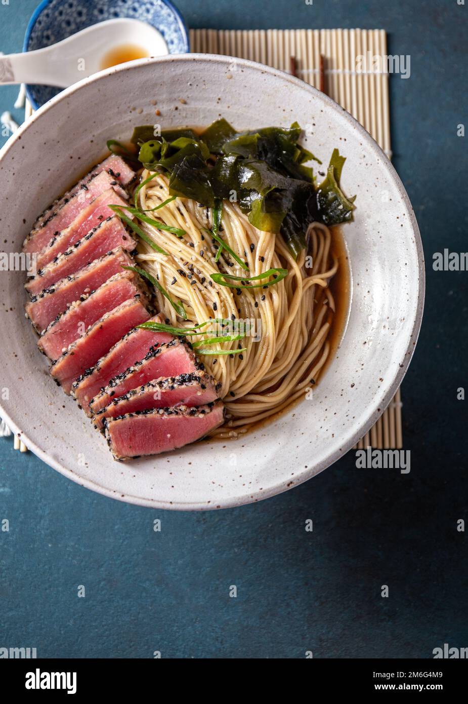 Tuna steak ramen. Japanese soup with noodles ramen, miso, fried tuna